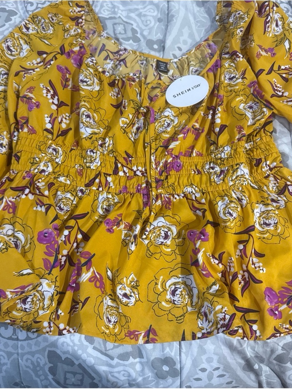 SHEIN Mustard Yellow Floral Blouse with Smocked Waist